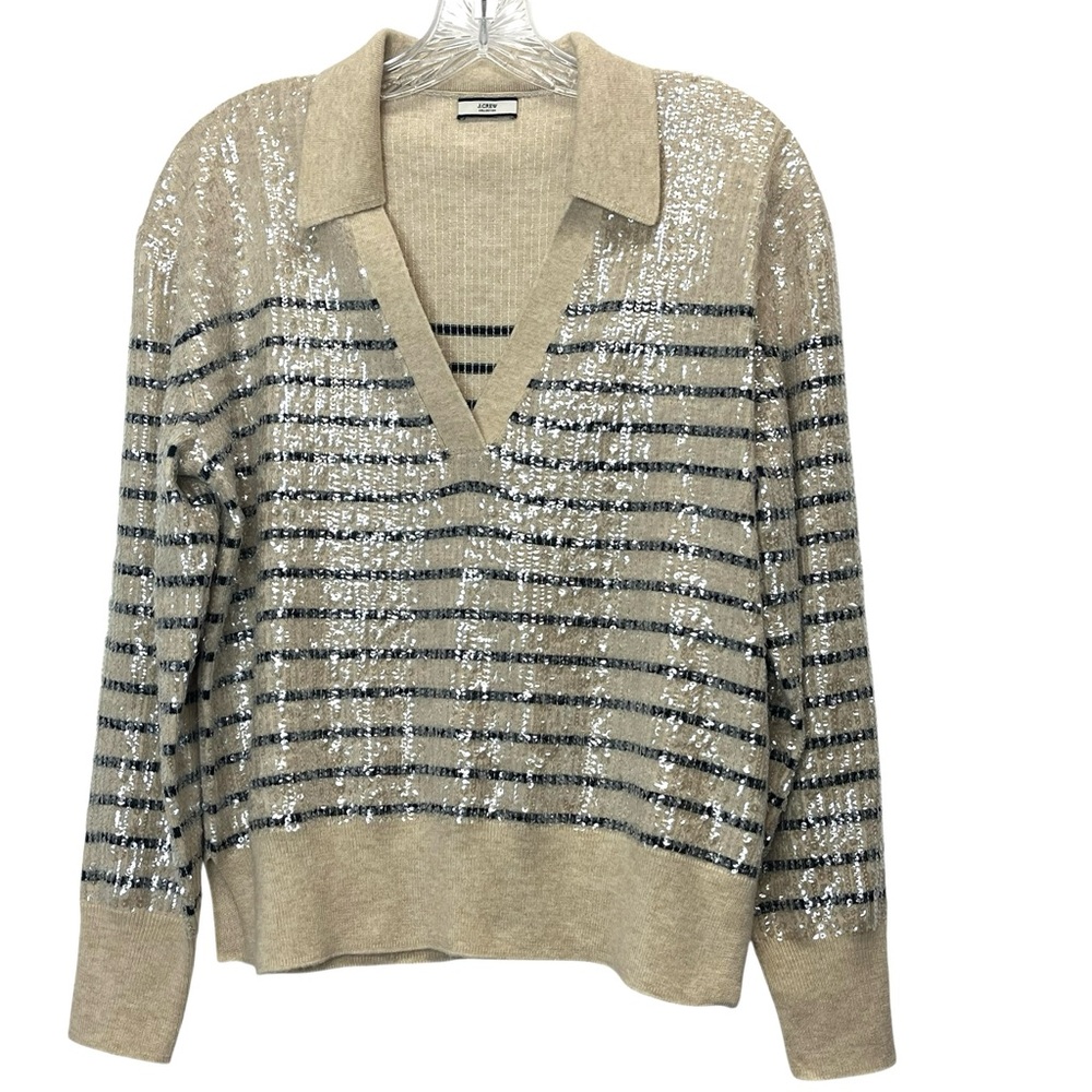 J.Crew Collection Tan/Black Collared Sequin Striped Sweater Size L-XL